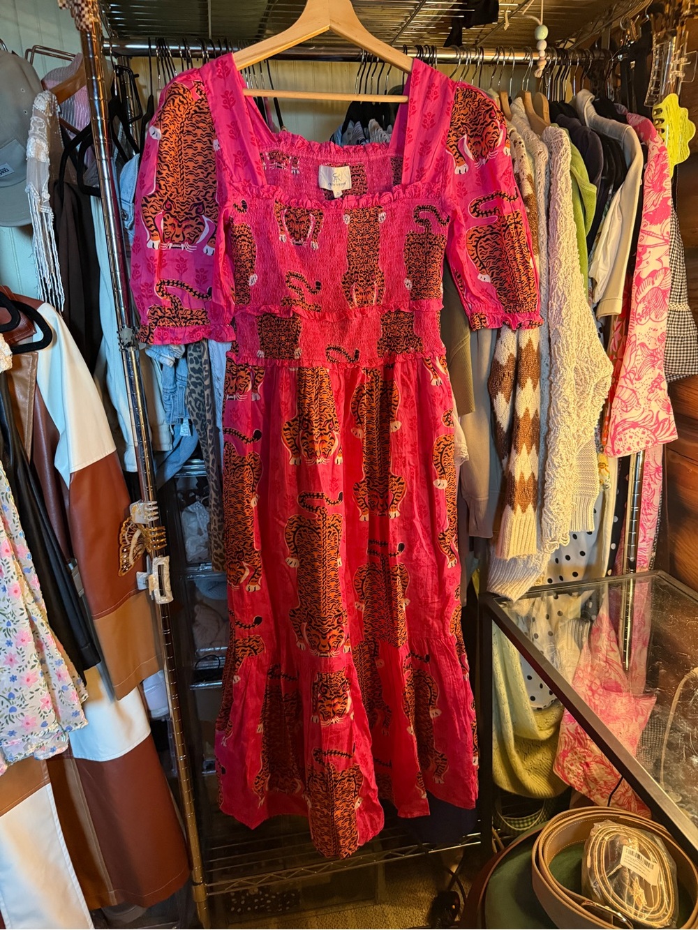 Printfresh Hot Pink Leopard-Print Midi Dress with Puff Sleeves